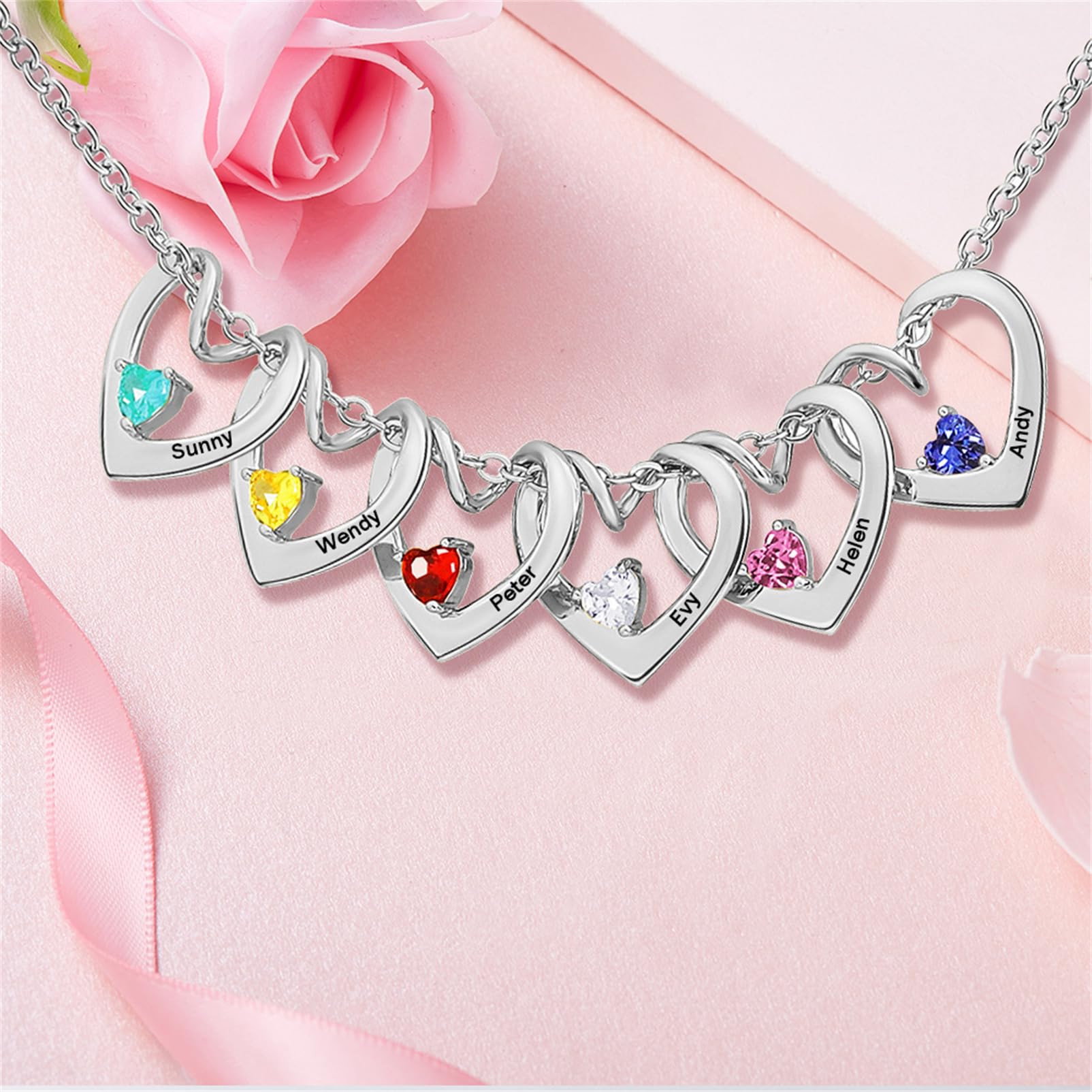 MissNaNa Mom Gift Personalized Mother Necklace with 1-6 Birthstones & Engraved Names Custom Family Necklace Heart Name Necklaces for Mother's Day (Gold, 5 Name)