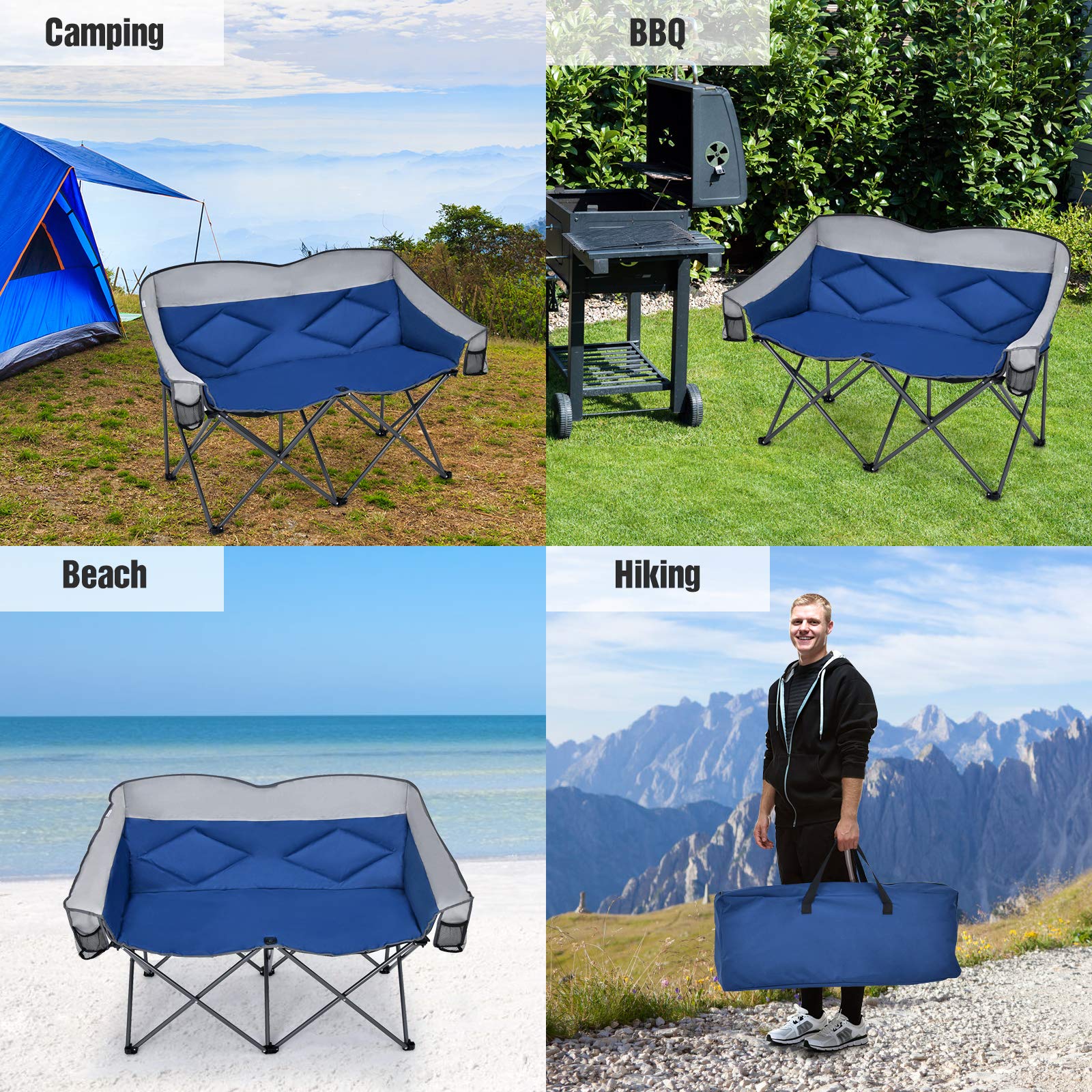 Goplus Loveseat Camping Chair, Double Folding Chair for Adults Couples w/Storage Bags & Padded High Backrest, Oversize Camp Seat for Fishing Picnic (Blue)