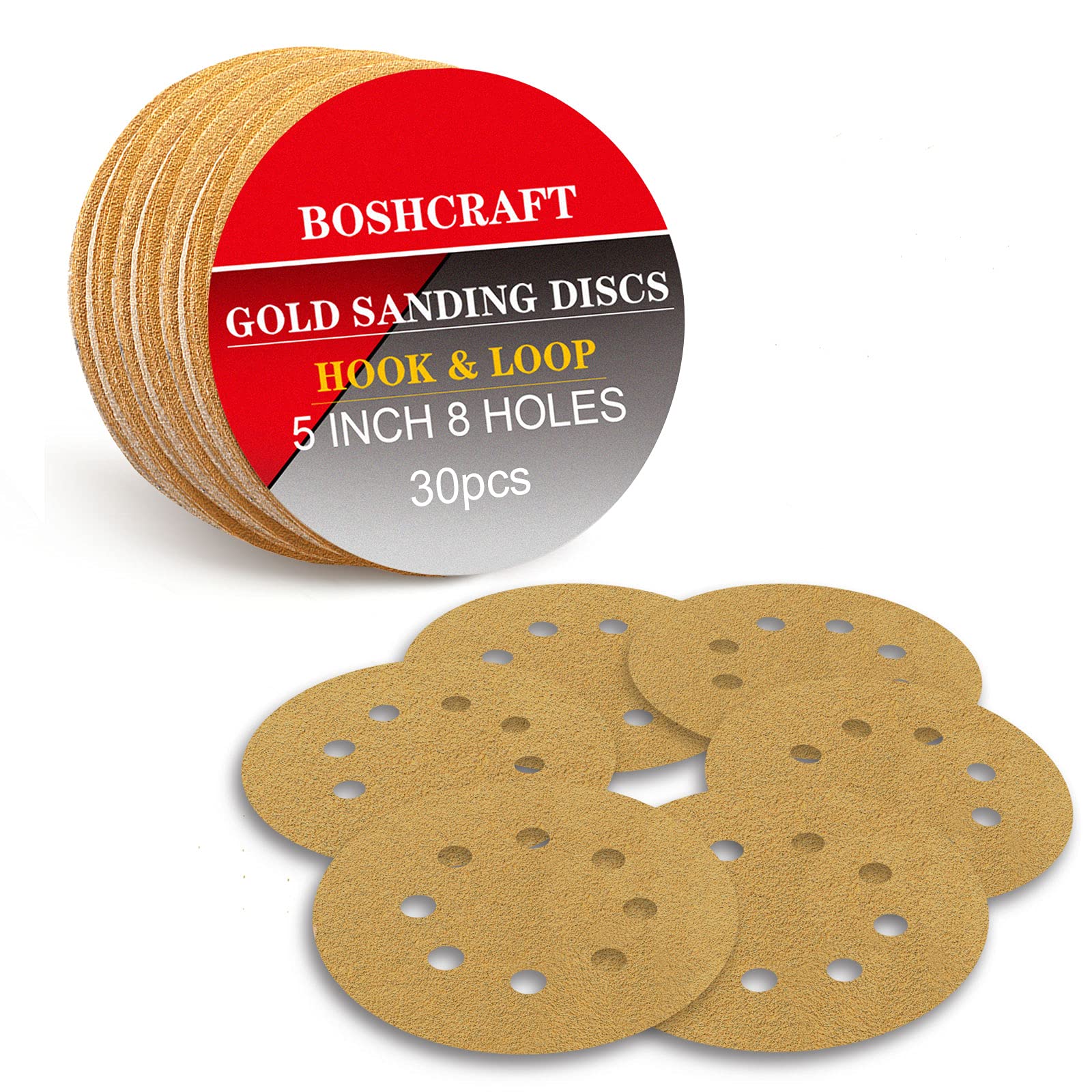 BOSHCRAFT 30 Pcs Sanding Discs, 60 Grit 5 Inch Sanding Disc 8 Holes Hook and Loop Sandpaper Orbital Sander Sandpaper for Woodworking Metalworking Random Orbital Sander Plaster Painted Surfaces Fillers