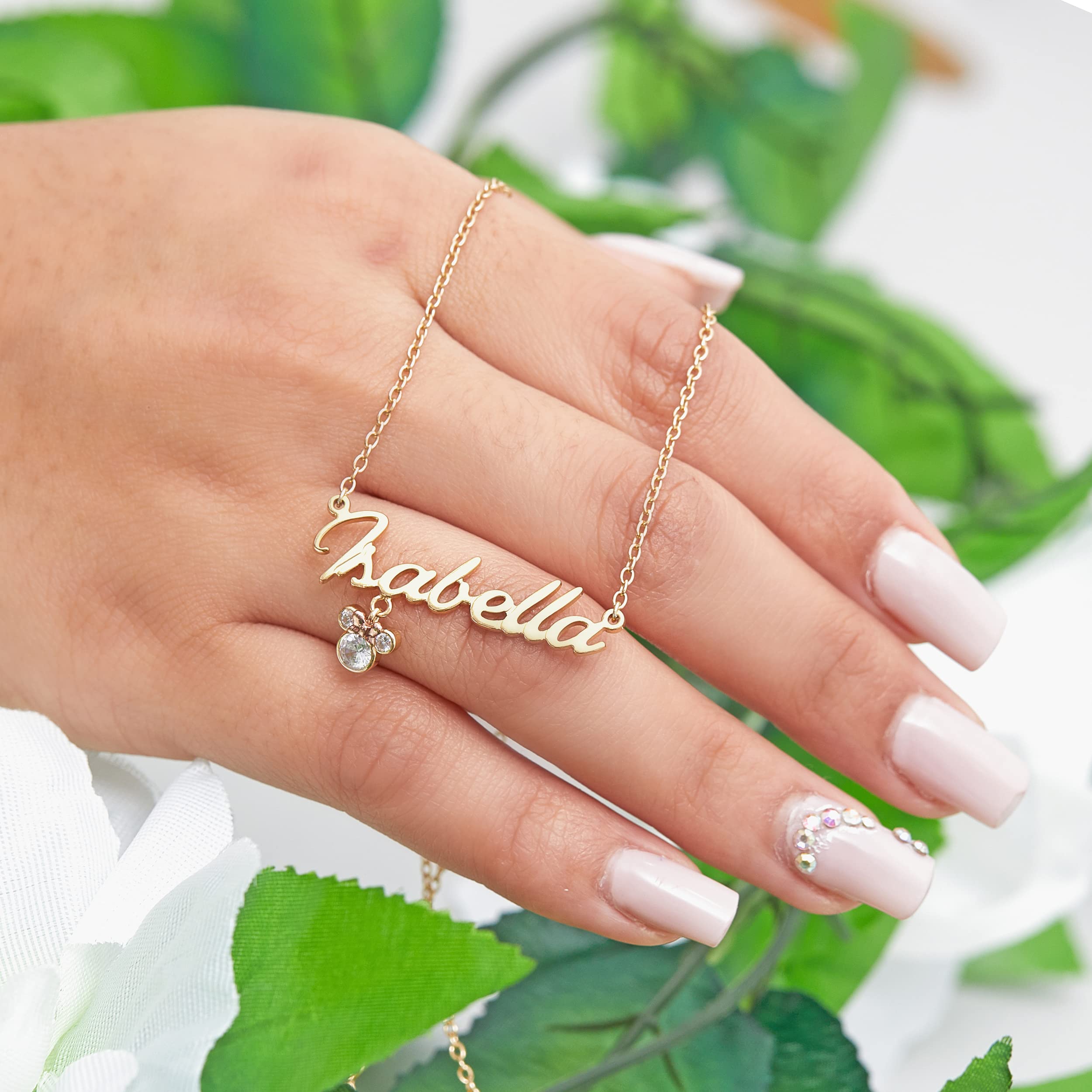 Disney Minnie Mouse Personalized Name Necklace - Flash-Plated Name Necklace Personalized, Flash Plated Name Pendant, Cubic Zirconia Minnie Icon, Script Font