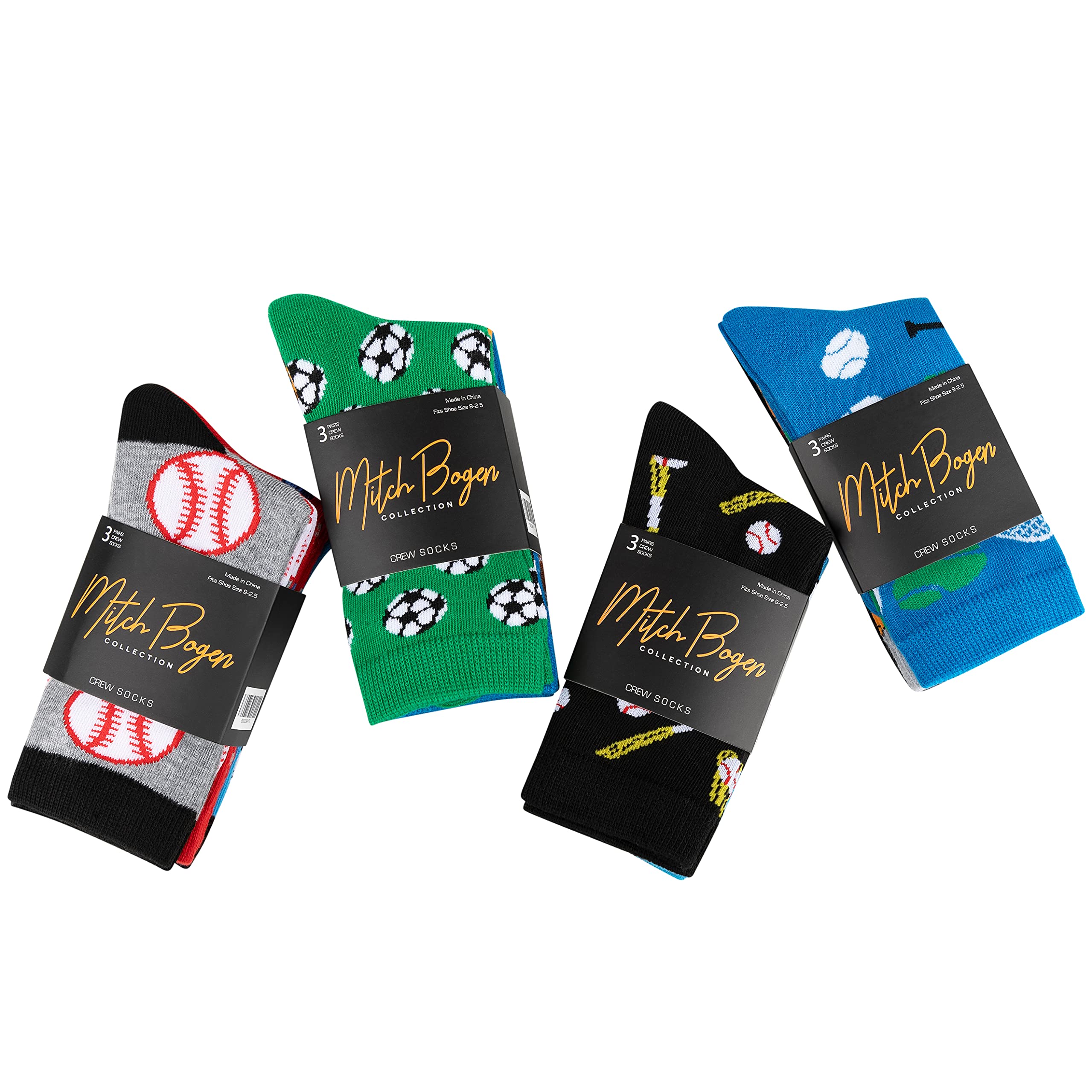 Mitch Bogen Boy's Novelty Crew Dress Fun Design Socks 12 Pairs Assorted Sports Shape Pattern (Boys 1, Medium)