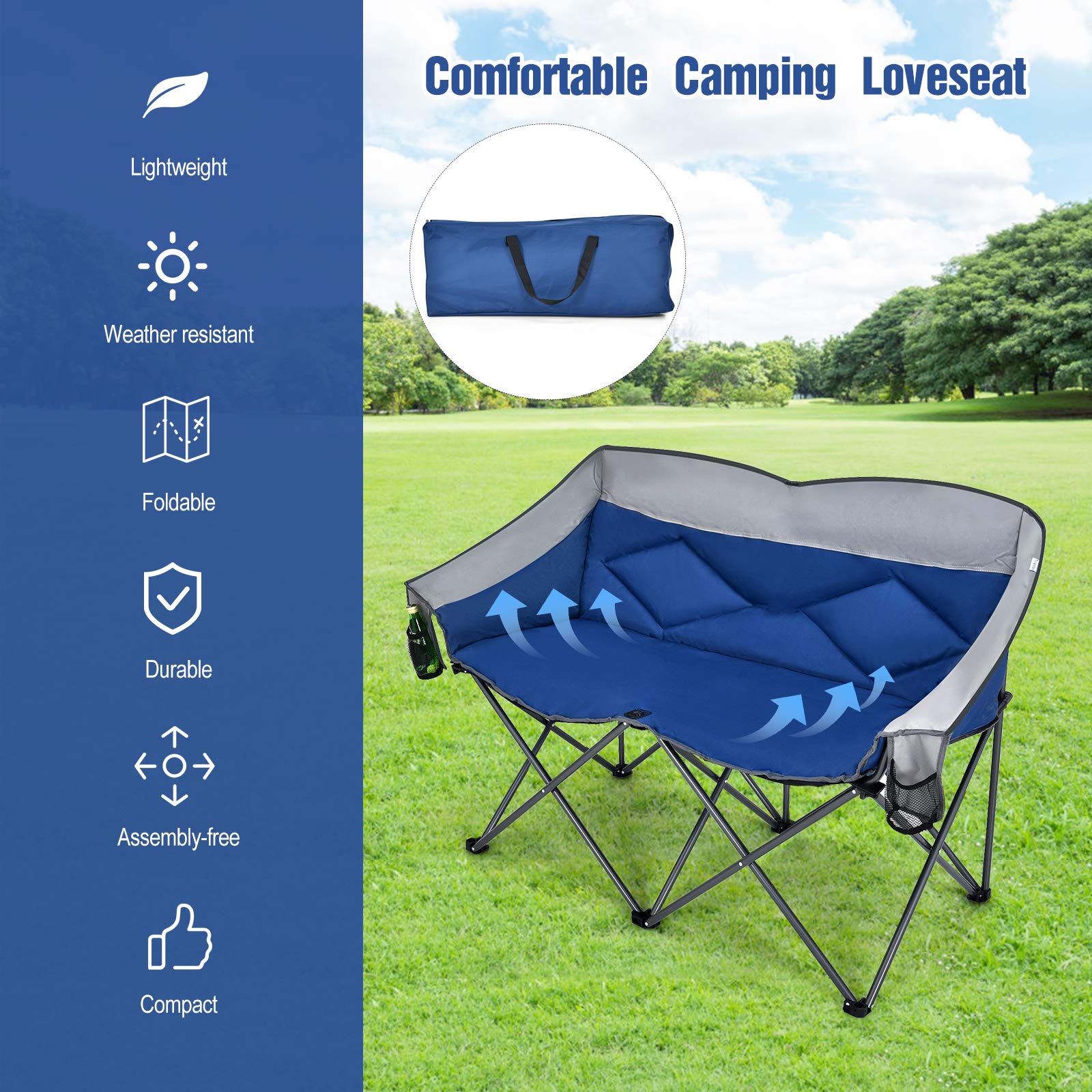 Goplus Loveseat Camping Chair, Double Folding Chair for Adults Couples w/Storage Bags & Padded High Backrest, Oversize Camp Seat for Fishing Picnic (Blue)