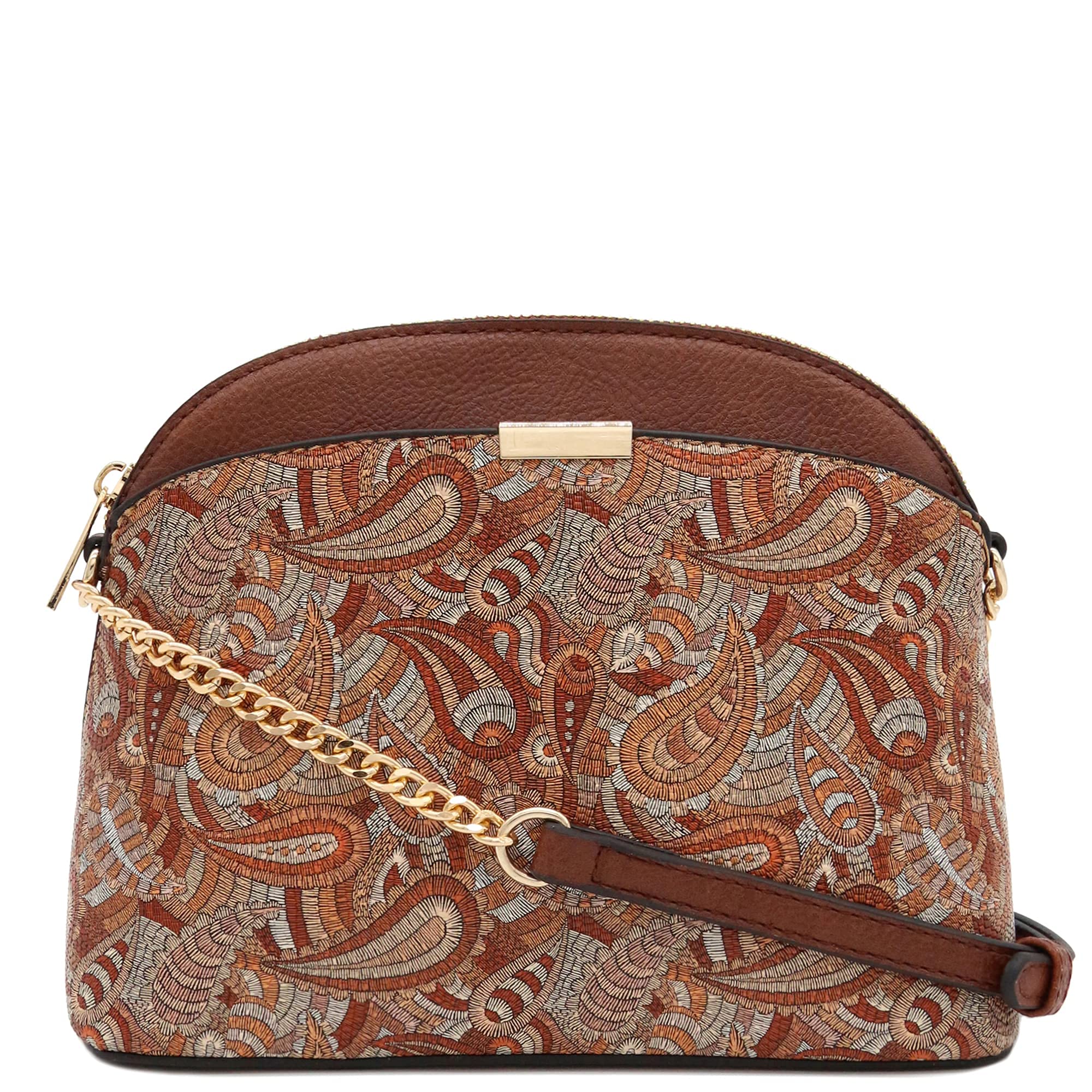 FashionPuzzle Paisley Print Small Dome Crossbody with Chain Strap (Brown/Brown)