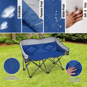 Goplus Loveseat Camping Chair, Double Folding Chair for Adults Couples w/Storage Bags & Padded High Backrest, Oversize Camp Seat for Fishing Picnic (Blue)