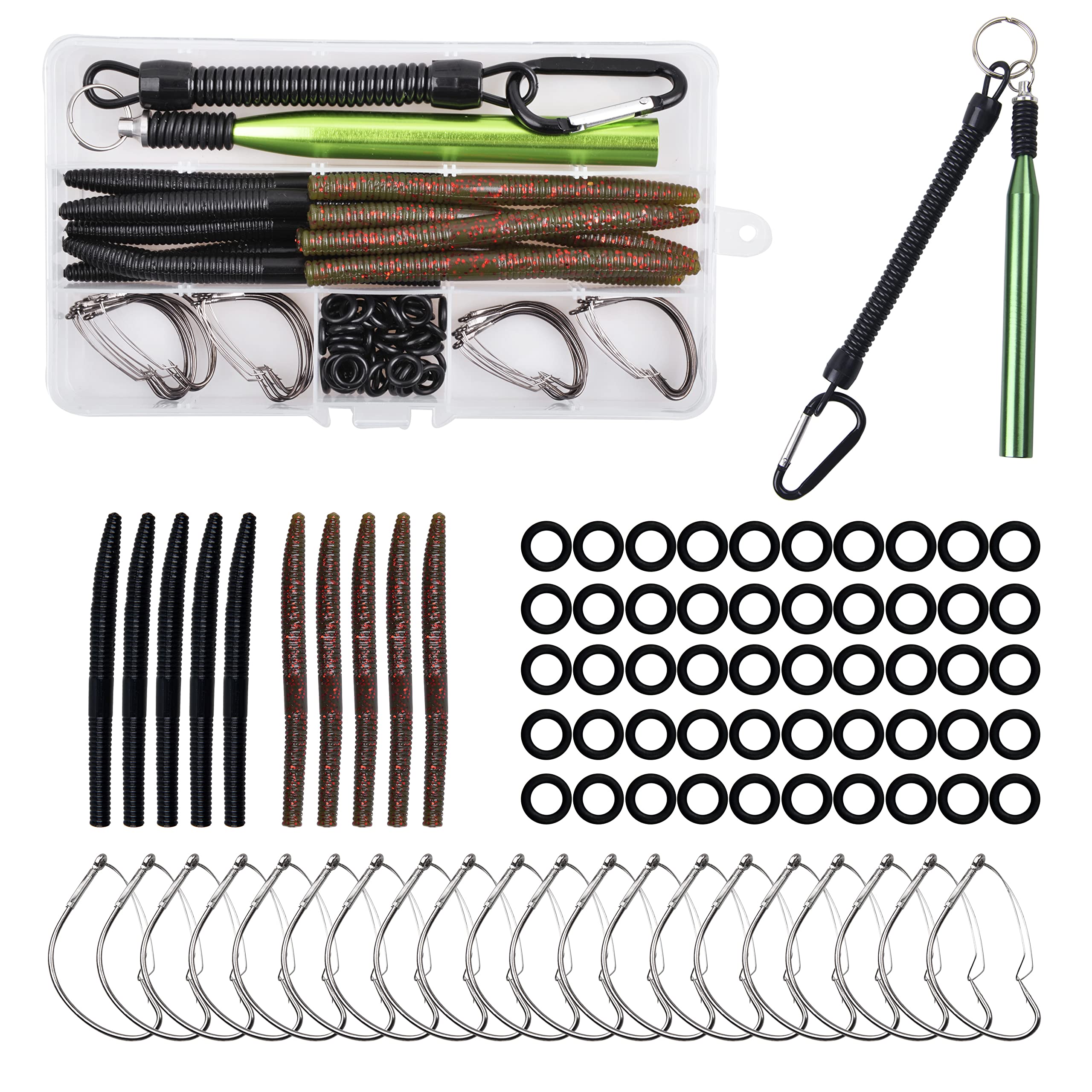 Wacky Rig Worm Hooks Fishing Tool Kit, 81PCS Fish Worm O Rings Set Weedless Hook for Largemouth and Smallmouth Bass Fishing