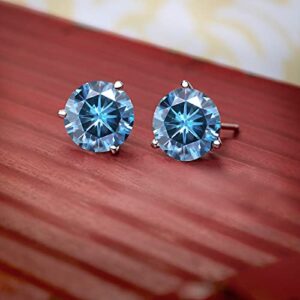 Gem Stone King 14K White Gold Persian Blue Moissanite 3 Prong Martini Screw Back Stud Earrings For Women (2.00 Cttw, Round 6.5MM)