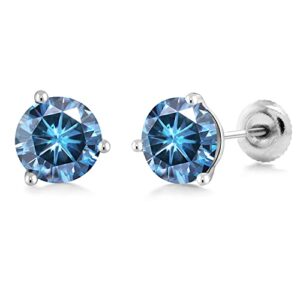 Gem Stone King 14K White Gold Persian Blue Moissanite 3 Prong Martini Screw Back Stud Earrings For Women (2.00 Cttw, Round 6.5MM)