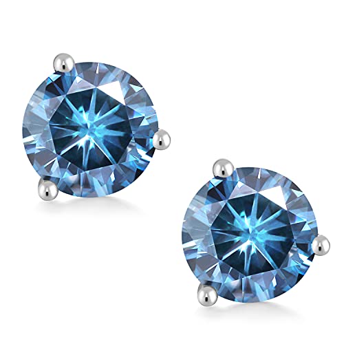 Gem Stone King 14K White Gold Persian Blue Moissanite 3 Prong Martini Screw Back Stud Earrings For Women (2.00 Cttw, Round 6.5MM)