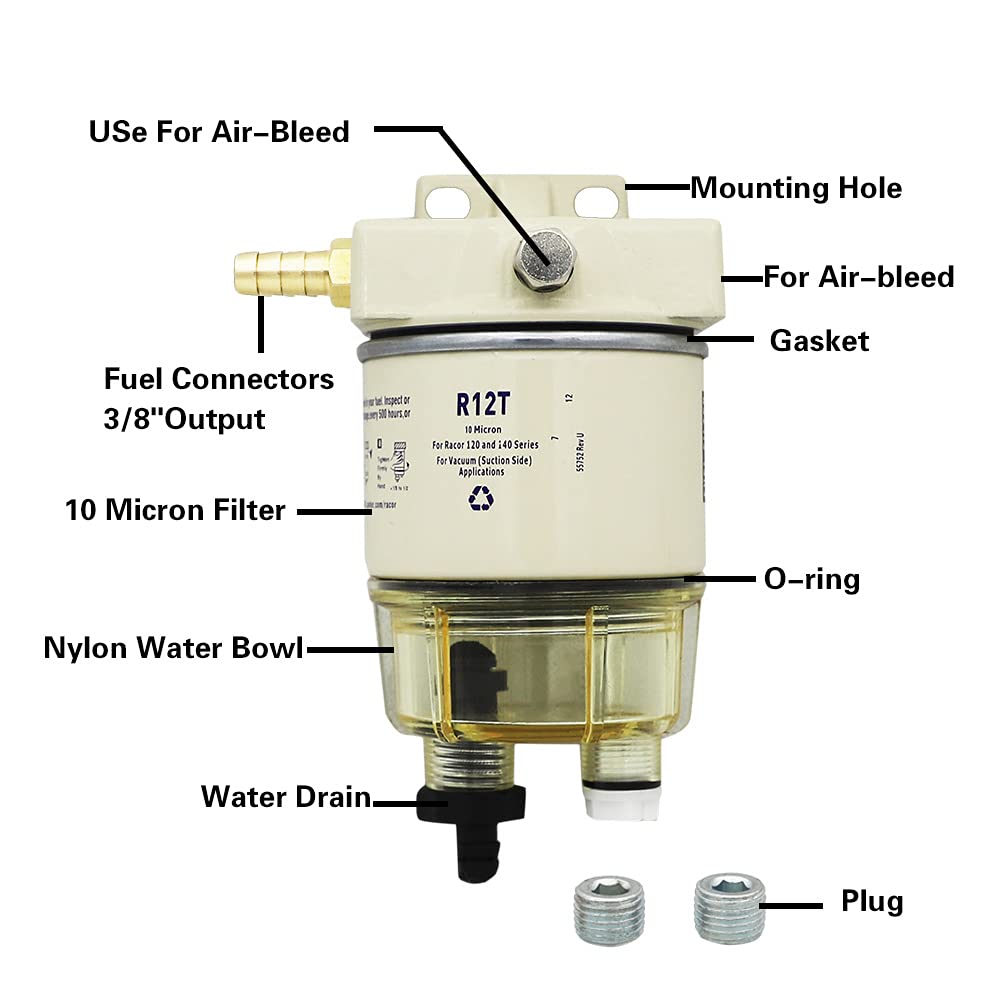 Fuel Water Separator Marine Kit R12T 120AT NPT ZG1/4-19, 10 Micron Filter Effect Is Suitable for 3/8 Inch NPT Outboard Motor, Suitable for All Diesel Equipment