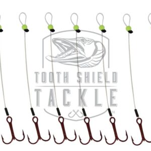 Tooth Shield Tackle 10-Pack Walleye Stinger Hooks/Trailer Hooks 15lb Fluorocarbon Leader Material Red VMC Hooks [Chartreuse] (Hook Size: 8)