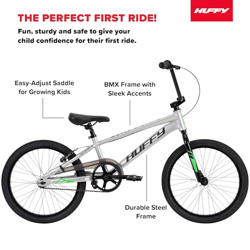 Huffy Axilus 20" Kid's BMX Bike, Beginner Level Rider, Ages 5+ Years Old, 3 Piece Steel Crank, 44/16 Gearing, Rugged and Durable, Strong and Lightweight for Speed and Handling, Matte Silver