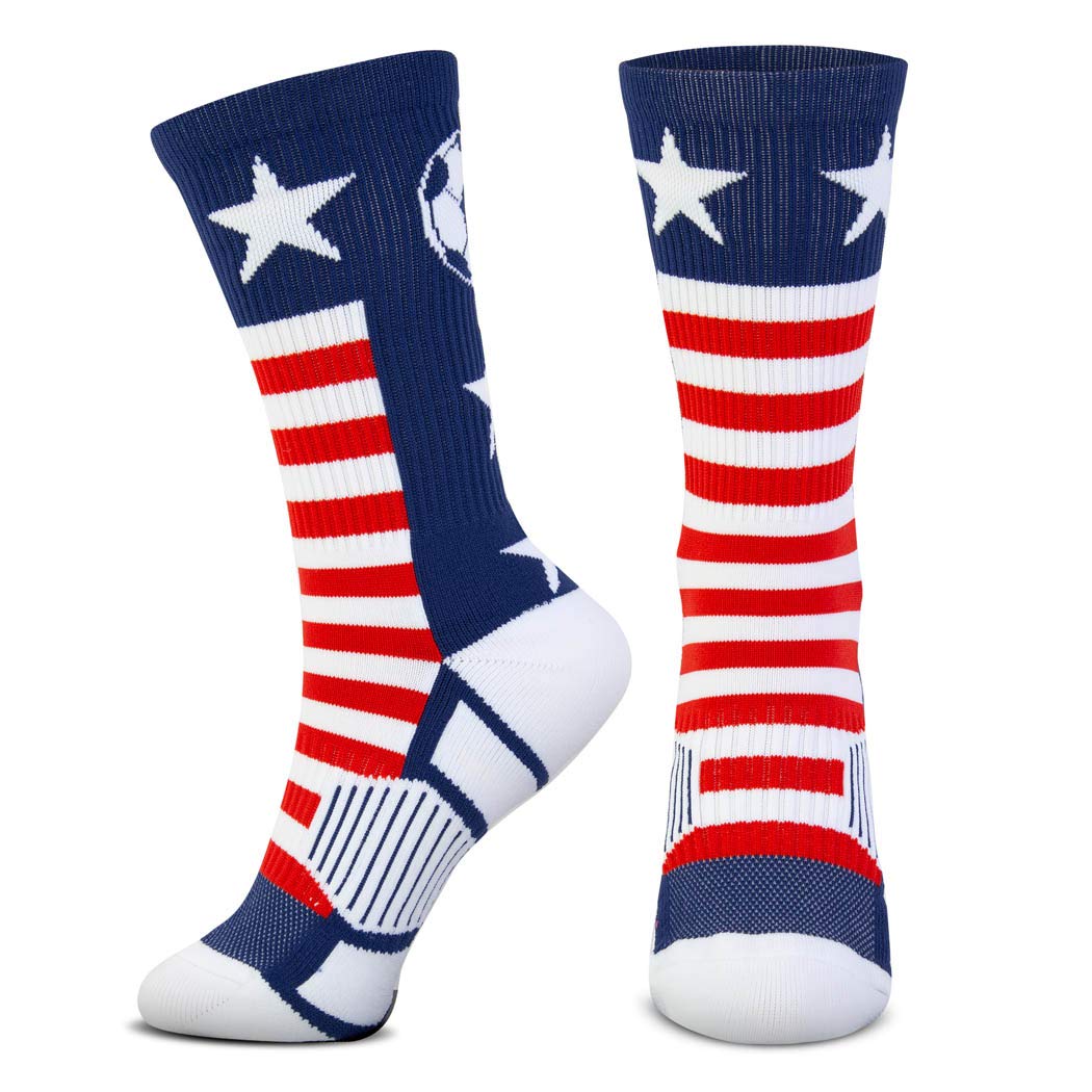 ChalkTalkSPORTS Soccer Youth Woven Mid-Calf Socks | USA | Red & White & Blue