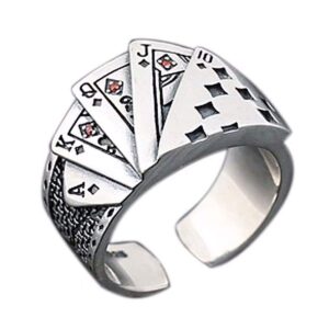 poker cards ring vintage diamond spade flush playing cards statement ring band adjustable stainless steel hip hop punk casino gambling jewelry for women men boys girls (diamond)