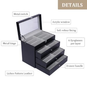 WUPYI 4 Layer 24 Slots Eyeglass Sunglass Storage Box Display Glasses Display Case with Drawer Black