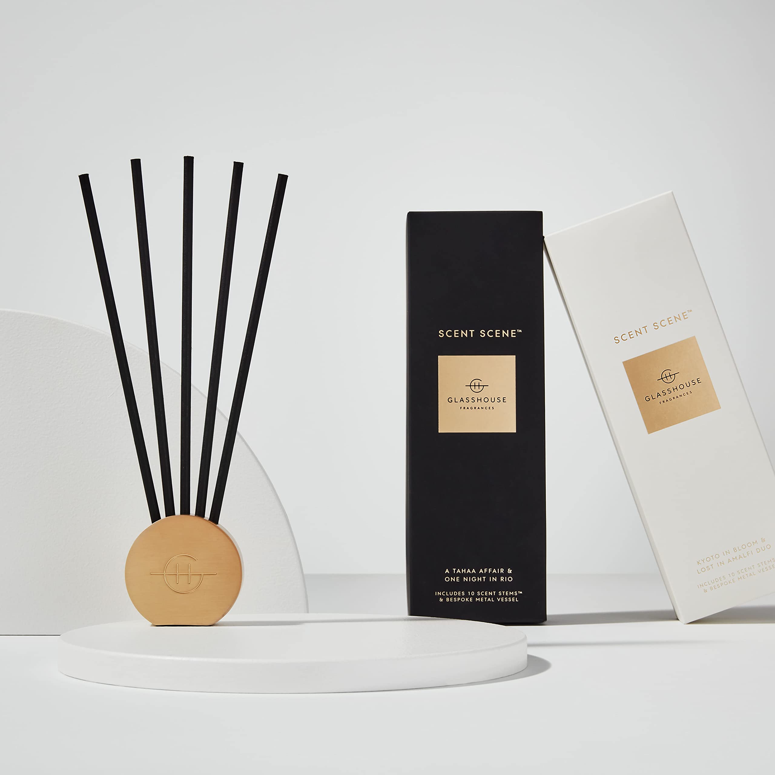 Glasshouse Fragrances Kyoto in Bloom & Lost in Amalfi Scent Scene Duo, Refillable Liquidless Diffuser + 10 Stems, Perfume Scented Home Decor, Camellia & Lotus + Sea Scent