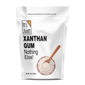 it's just - xanthan gum, 15oz, keto baking, non-gmo, thickener for sauces, soups, dressings, packaged in usa