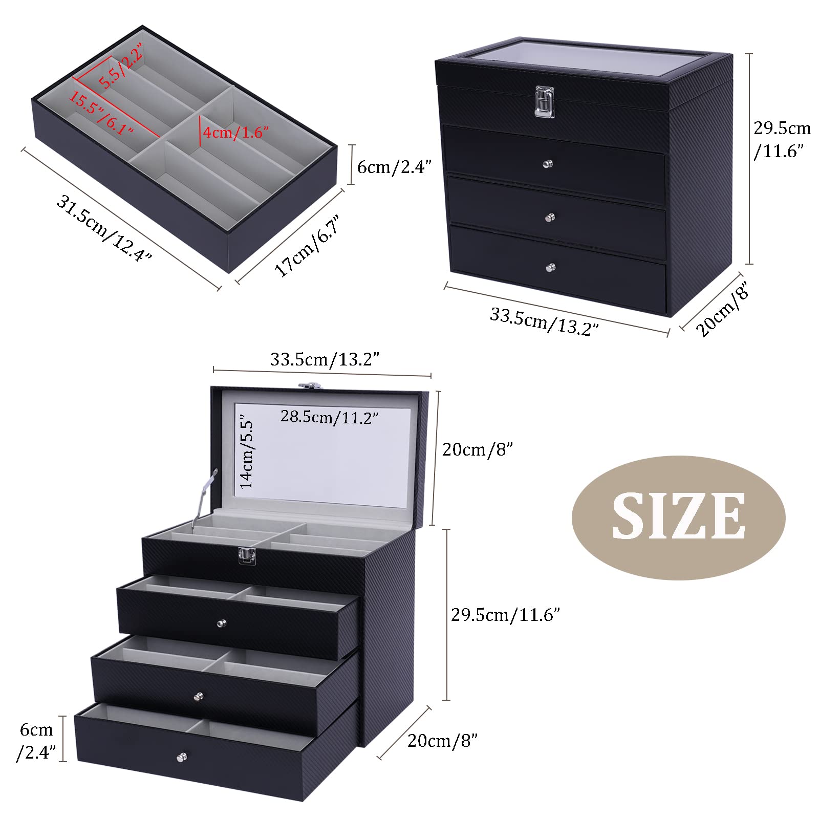 WUPYI 4 Layer 24 Slots Eyeglass Sunglass Storage Box Display Glasses Display Case with Drawer Black