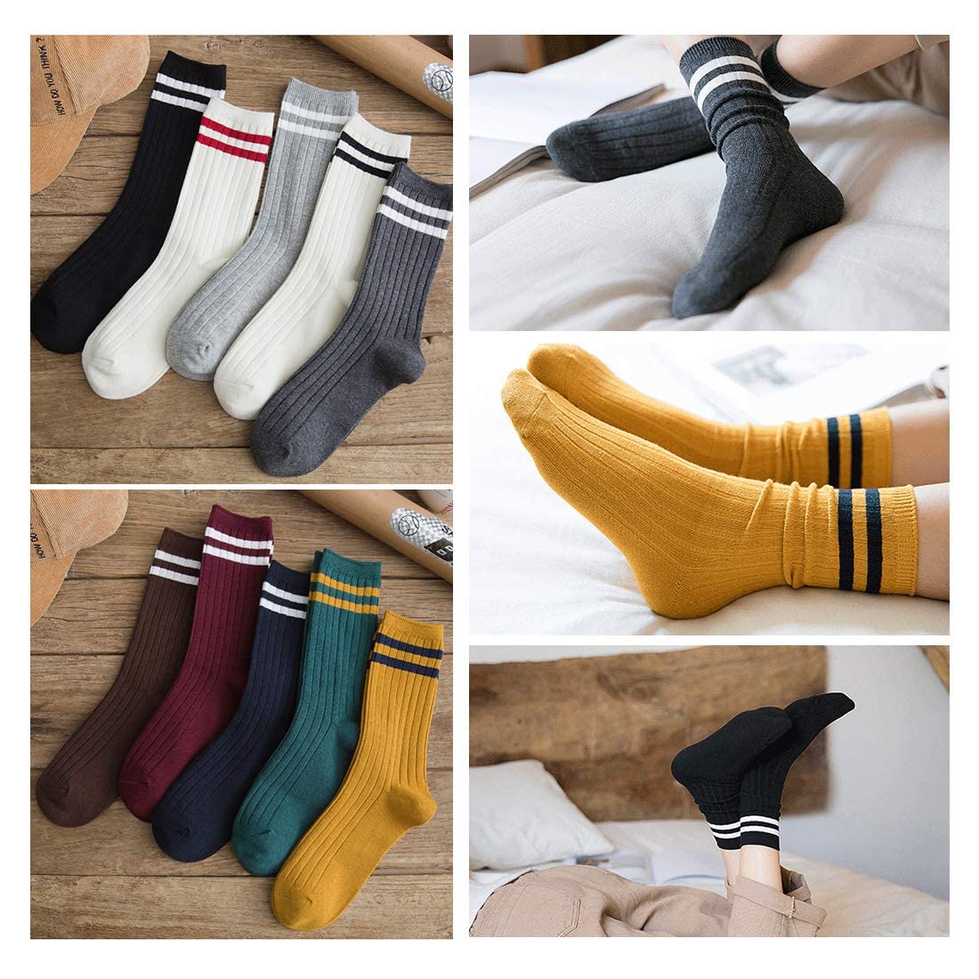 METICK Striped Crew Socks 10 Pairs Retro Cute Long Tube Crew Socks for Women