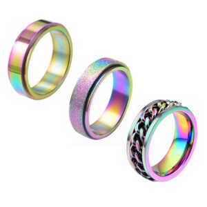 woynji 3pcs stainless steel fidget spinner ring for women men gay lesbian lgbt pride anxiety stress relieving rainbow size 10