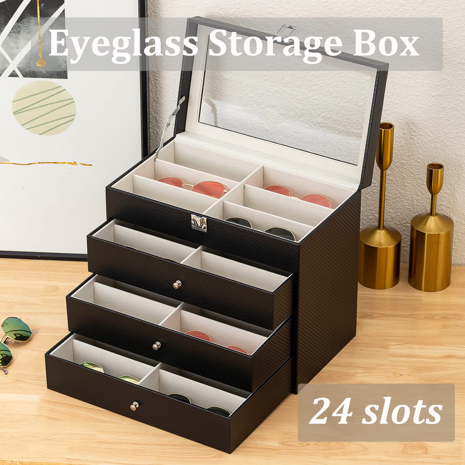 WUPYI 4 Layer 24 Slots Eyeglass Sunglass Storage Box Display Glasses Display Case with Drawer Black