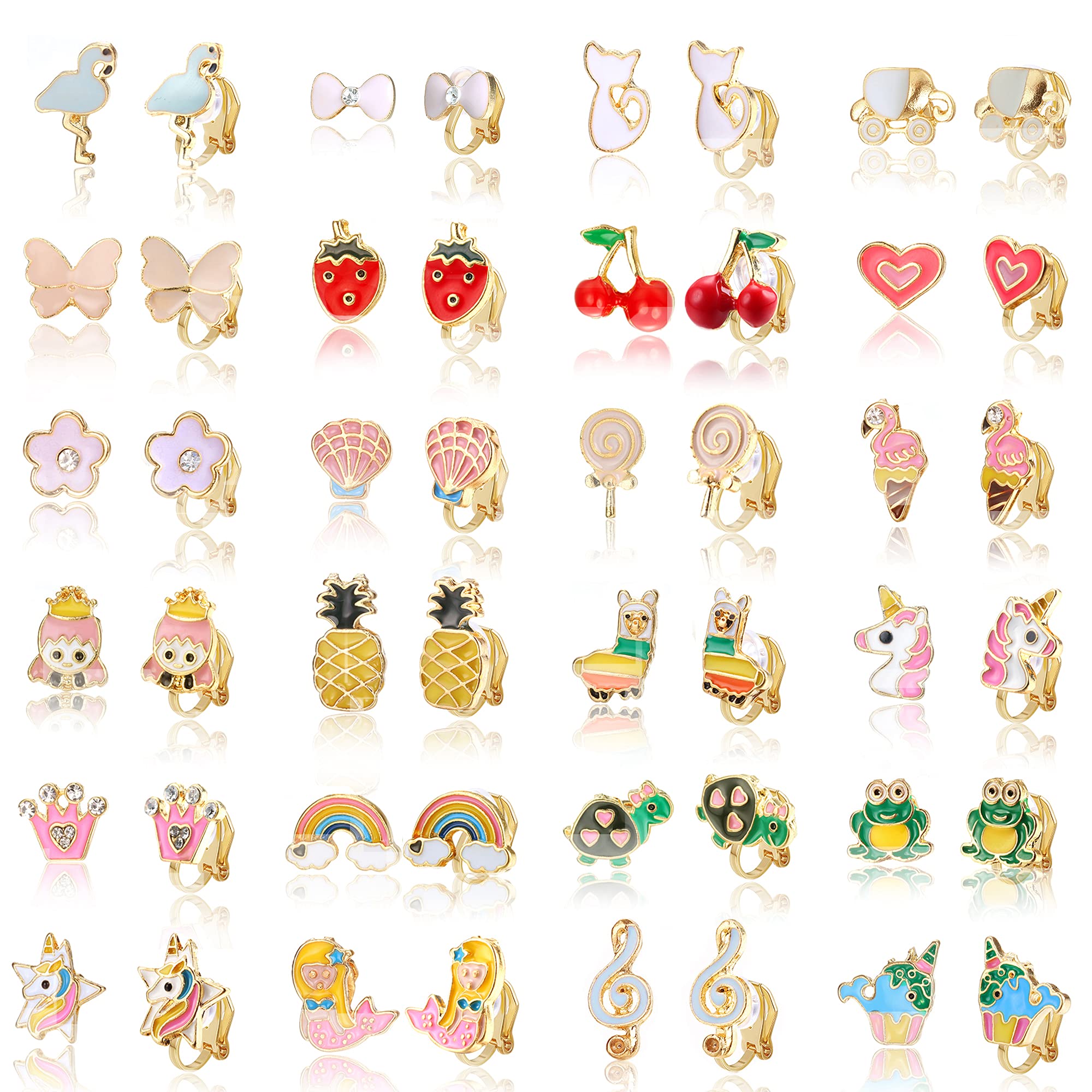 Subiceto 24 Pairs Cute Clip on Earrings for Women Cute Animal Flower Butterfly Colorful Clip-on Earrings Set Pink Flower