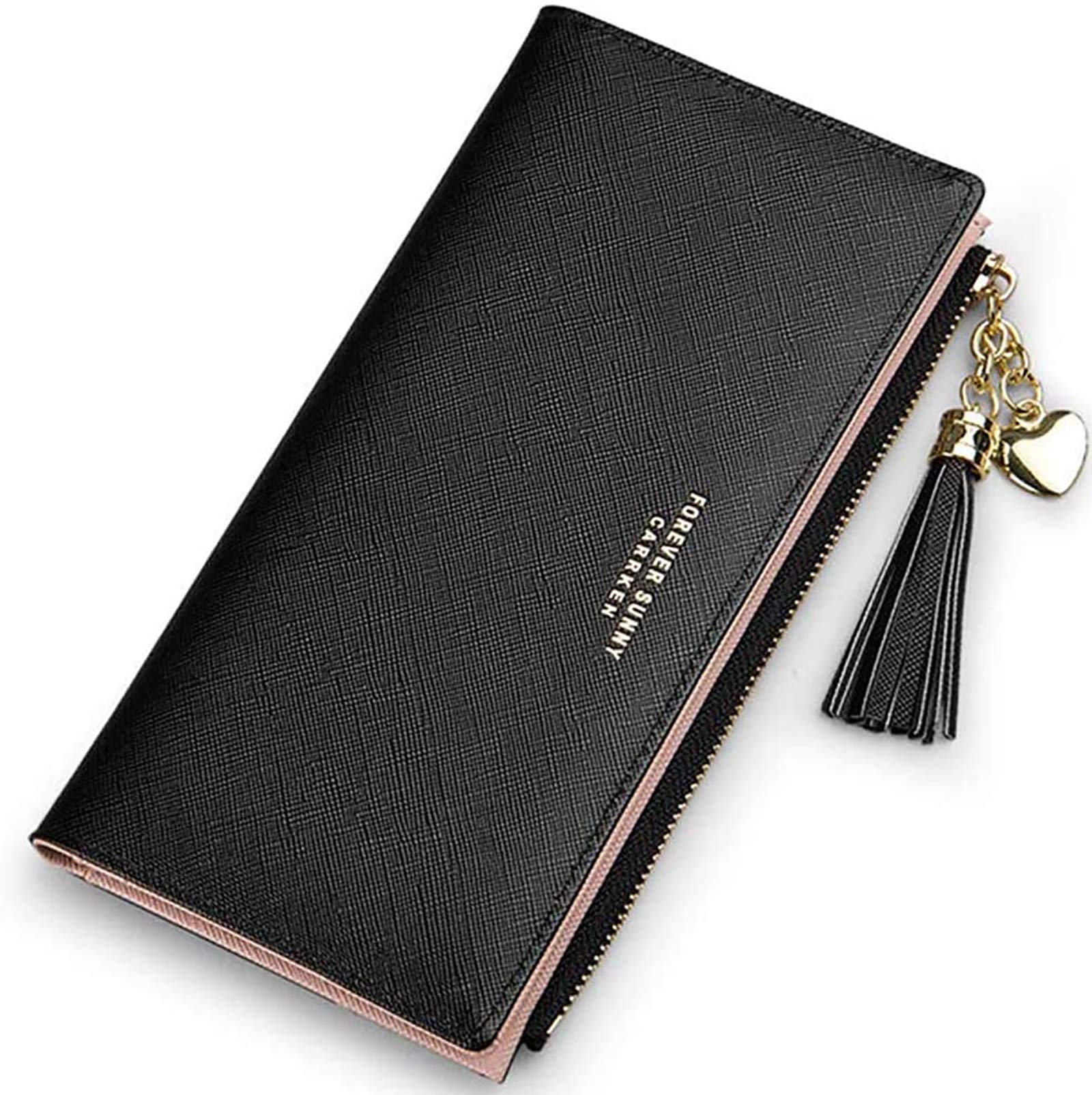 Yafanqi Wallet for Women Leather Purse Credit Card Organizer Girls Cute Zipper Large Long Coin Wallets (C-Black)