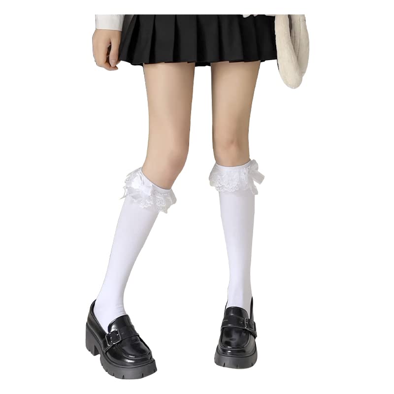 CAT KO Women Soft Knee High Socks Lovely & Cute Solid color Lace Ruffle Girls socks for Lolita ONLY TRUE SOLD (WHITE)