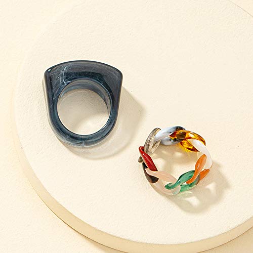 2/3Pcs Retro Thick Resin Transparent Acrylic Chunky Wide Face Unique Square Dome Knuckle Ring Colorful Chain Stackable Statement Finger Band Ring for Women Jewelry Festival Gifts-B black