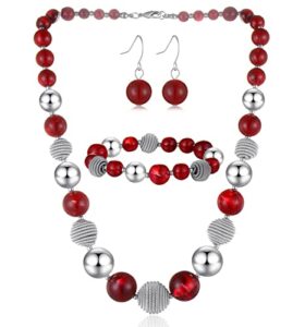 pearl&club beaded chunky statement necklace earring and bracelet set silver metal bead fashion jewelry set mothers’ day gifts for women (red)