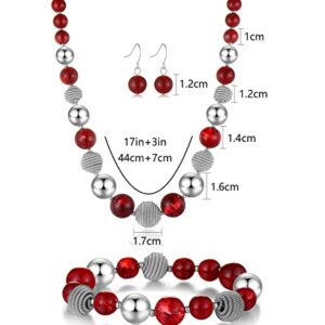 PEARL&CLUB Beaded Chunky Statement Necklace Earring and Bracelet Set Silver Metal Bead Fashion Jewelry Set Mothers’ Day Gifts for Women (Red)