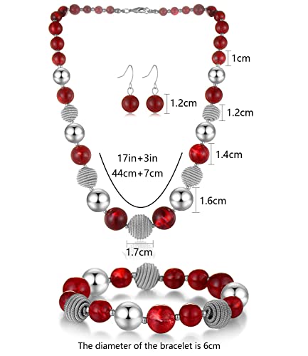 PEARL&CLUB Beaded Chunky Statement Necklace Earring and Bracelet Set Silver Metal Bead Fashion Jewelry Set Mothers’ Day Gifts for Women (Red)