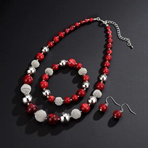 PEARL&CLUB Beaded Chunky Statement Necklace Earring and Bracelet Set Silver Metal Bead Fashion Jewelry Set Mothers’ Day Gifts for Women (Red)