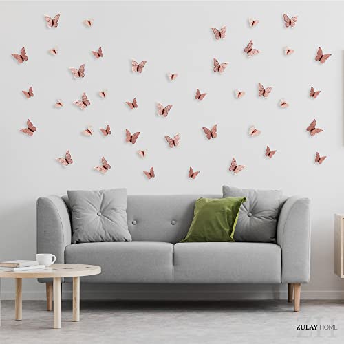 Zulay Home 3D Butterfly Wall Decor - 48pcs Butterfly Decor with 3 Wing Designs - Removable DIY Butterfly Decorations for Room, Birthdays, Parties, Cake, Weddings, Kids Bedroom (Metallic Rose Gold)