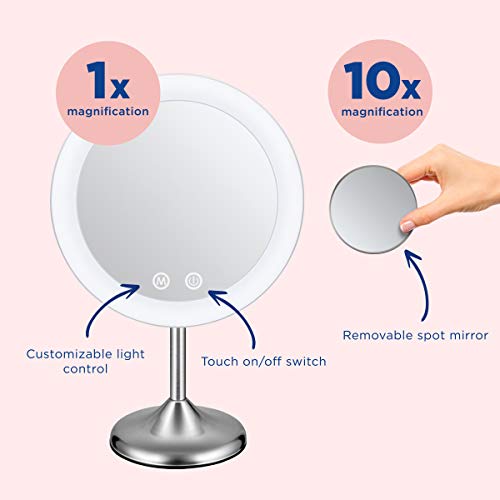 Conair Lighted Makeup Mirror with 10X Spot Magnification, LED Vanity Mirror, Handheld Mirror, 1X/10x Magnifying Mirror, Rechargeable in Satin Nickel