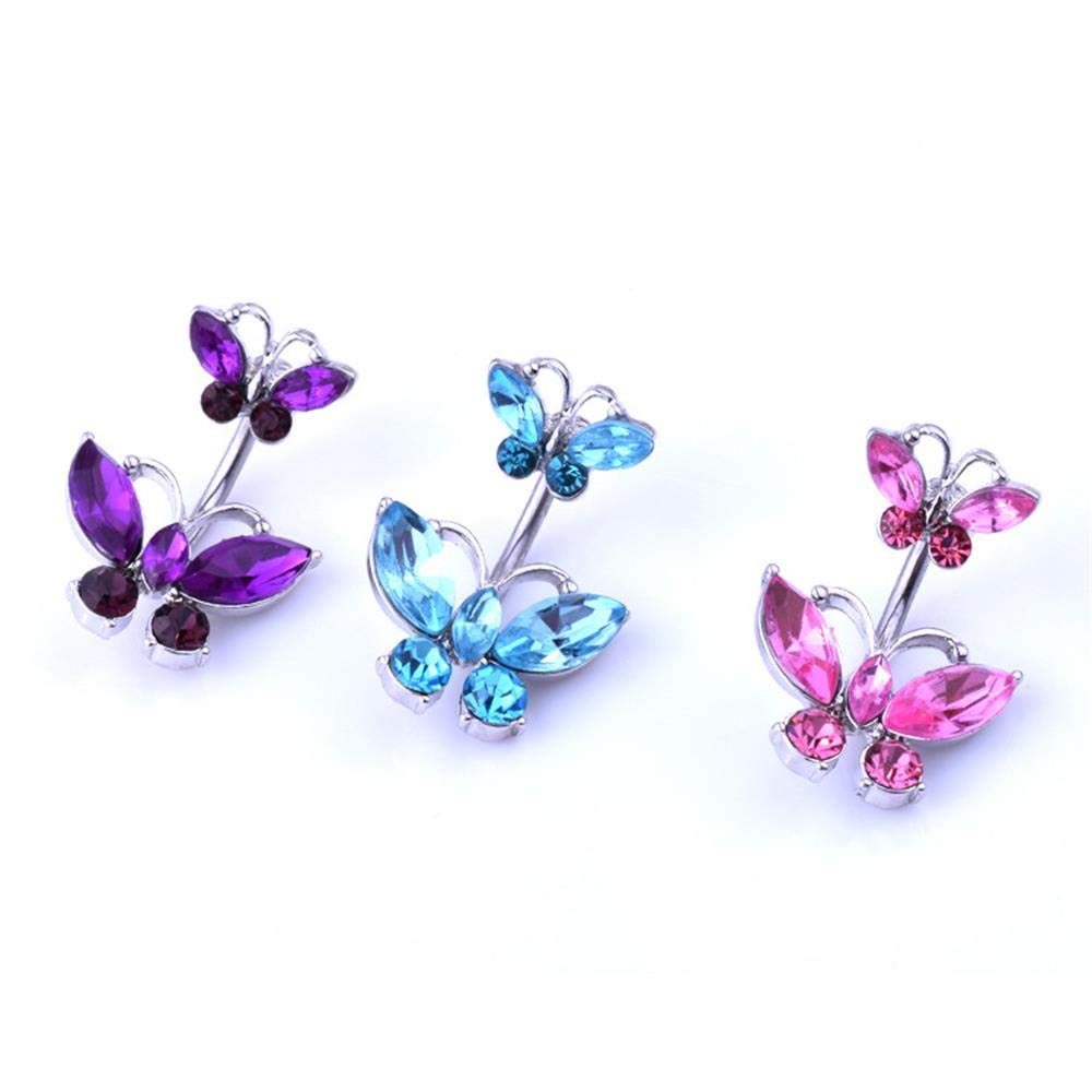 Caiyao 3 Pcs Butterfly Navel Ring Navel Piercing Belly Bar Body Jewelry Belly Button Rings Butterfly Dangle Belly Button Ring Surgical Steel Butterfly Cubic Zirconia Navel Piercing Jewelry-Style C