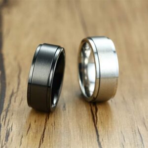 MZZJ Personalized Inside Her Weirdo & His Crazy Couple Ring Set 8MM Black Brushed Stainless Steel Step Edges Fidget Spinner Engagement Ring Wedding Bands