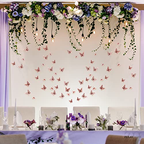 Zulay Home 3D Butterfly Wall Decor - 48pcs Butterfly Decor with 3 Wing Designs - Removable DIY Butterfly Decorations for Room, Birthdays, Parties, Cake, Weddings, Kids Bedroom (Metallic Rose Gold)