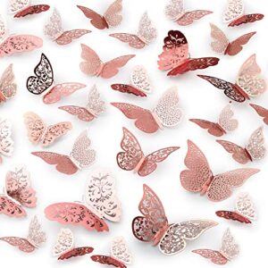 zulay home 3d butterfly wall decor - 48pcs butterfly decor with 3 wing designs - removable diy butterfly decorations for room, birthdays, parties, cake, weddings, kids bedroom (metallic rose gold)