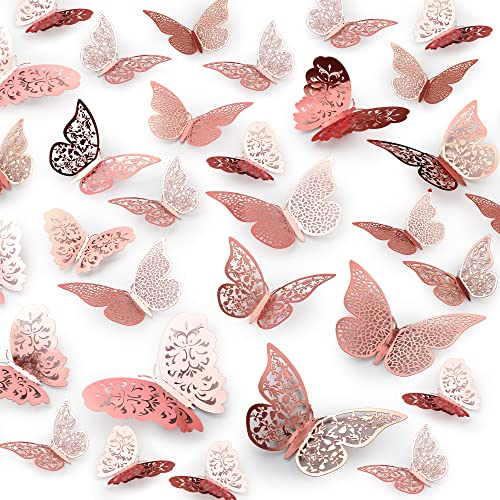 Zulay Home 3D Butterfly Wall Decor - 48pcs Butterfly Decor with 3 Wing Designs - Removable DIY Butterfly Decorations for Room, Birthdays, Parties, Cake, Weddings, Kids Bedroom (Metallic Rose Gold)