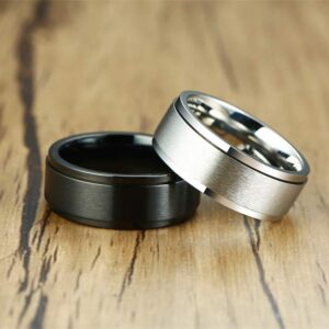 MZZJ Personalized Inside Her Weirdo & His Crazy Couple Ring Set 8MM Black Brushed Stainless Steel Step Edges Fidget Spinner Engagement Ring Wedding Bands