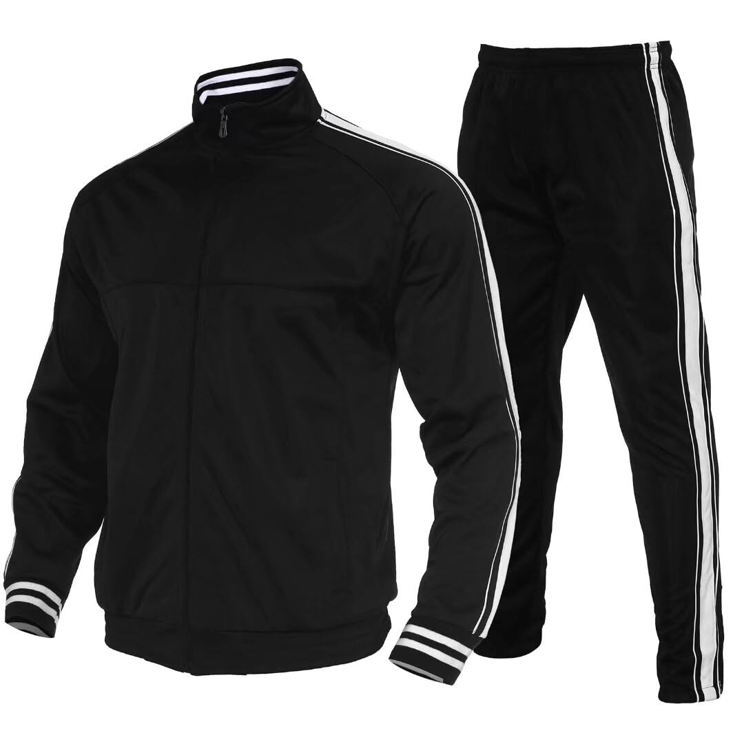 R RAMBLER 1985 Zusmen Mens Athletic 2 Piece Tracksuit Sets Casual Jogging Suits Full Zip Sports Set Stand-up collar Sweatsuit fo Men BlackXL