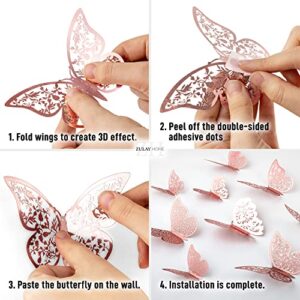 Zulay Home 3D Butterfly Wall Decor - 48pcs Butterfly Decor with 3 Wing Designs - Removable DIY Butterfly Decorations for Room, Birthdays, Parties, Cake, Weddings, Kids Bedroom (Metallic Rose Gold)