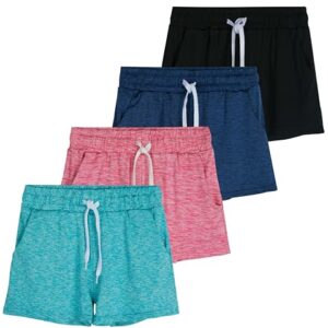 Real Essentials 4 Pack: Girls Active Athletic Performance Dry Fit Short Running Sports Shorts Soccer Tennis Summer Basketball Lounge Casual Sleep Bottoms Gym Workout Kids Dolphin - ST 2,M (10-12)