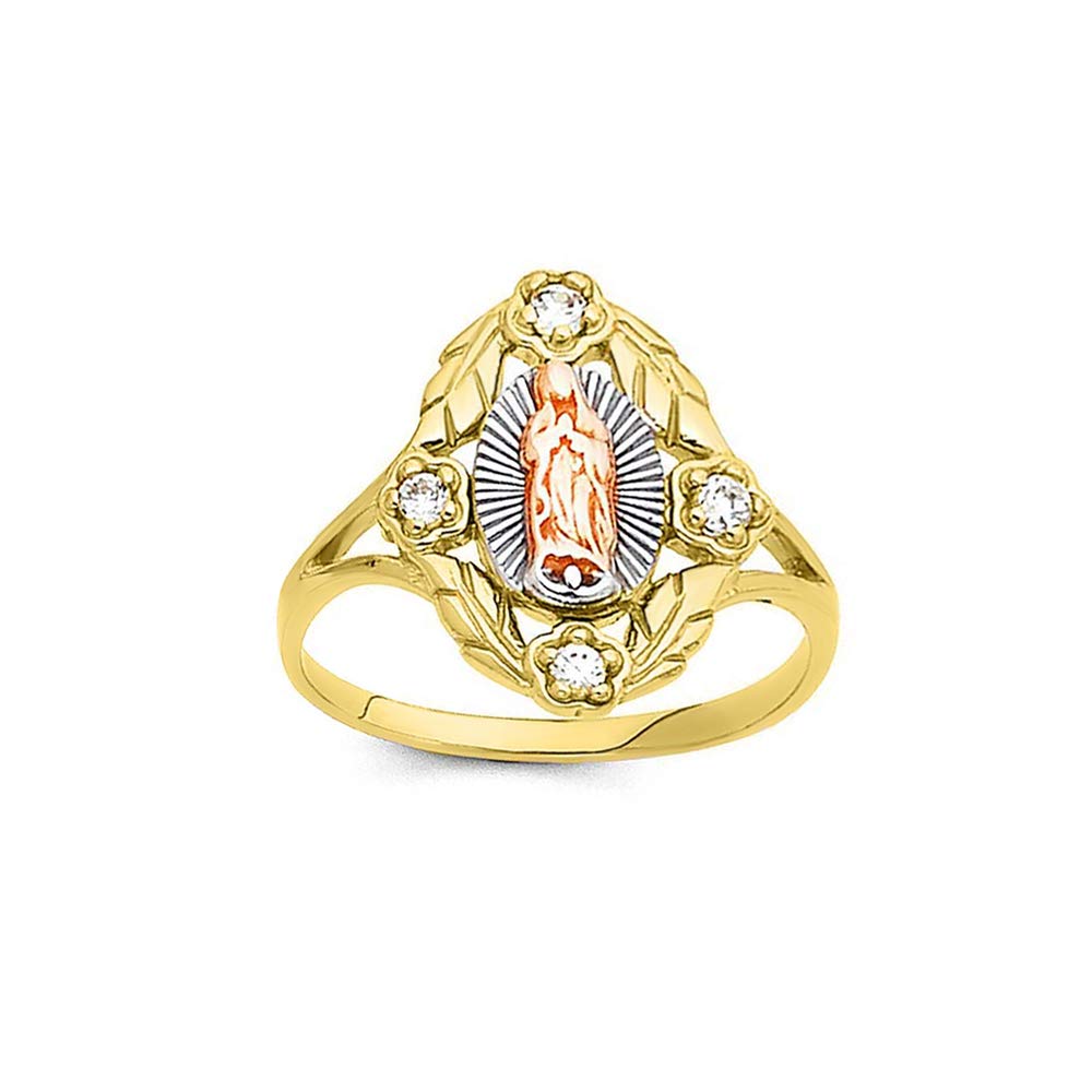 Savlano 18K Gold Plated Yellow White & Rose Tri Color Lady of Guadalupe Virgin Mary with 4 Round Cut Cubic Zirconia Women Religious Ring (7)