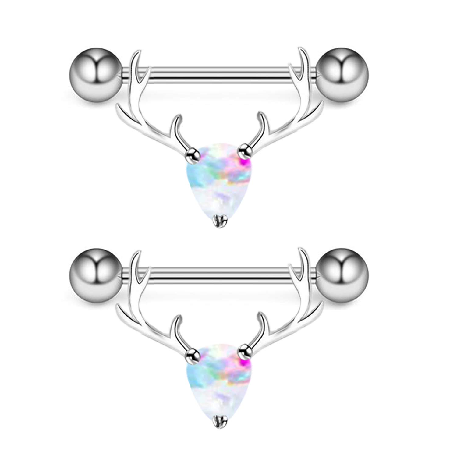 CHARM ONLINE 2PCS 14G 316L Stainless Steel Opal Nipple Rings Deer Head Nipple Barbell Nipple Piercings Jewelry for Women (silver)