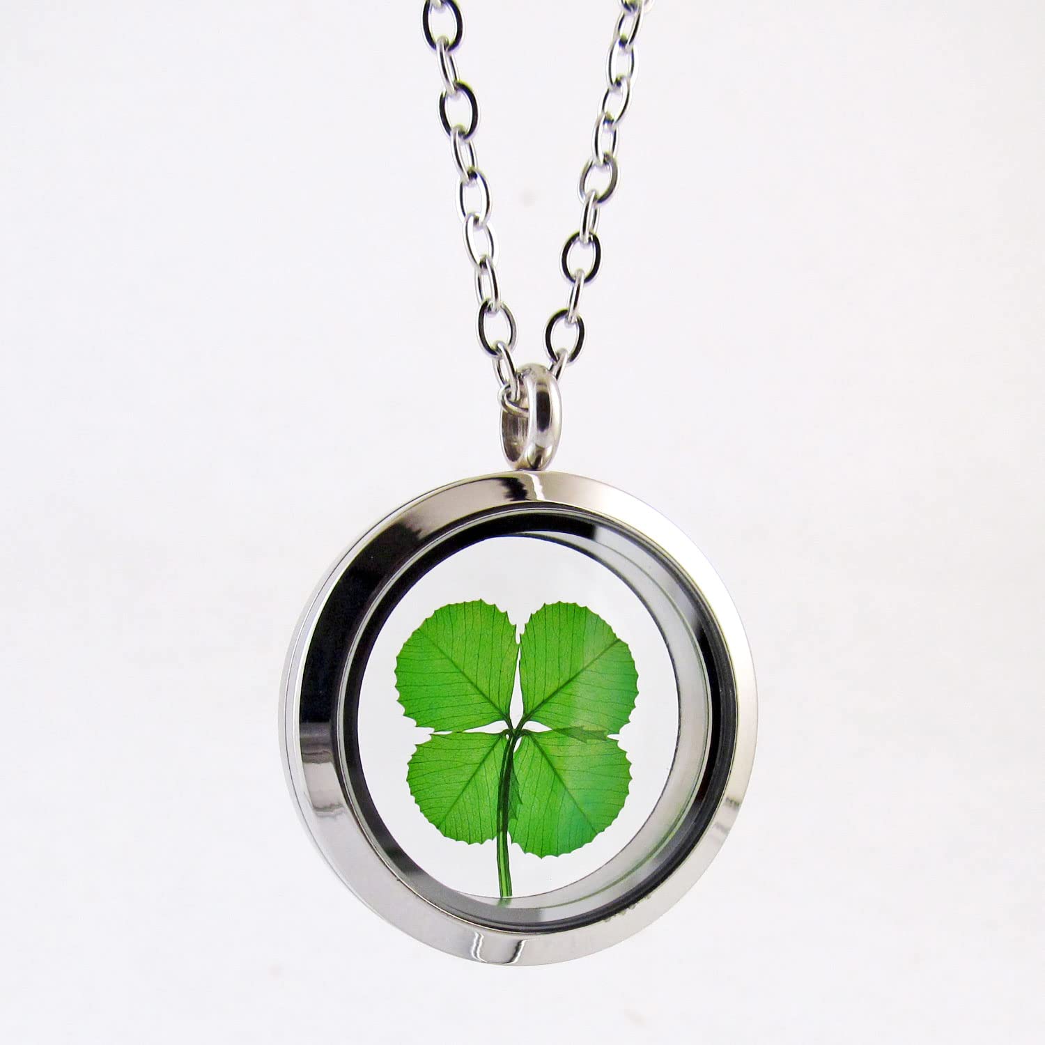 Clovers Online Genuine Preserved Four Leaf Clover Good Luck Charm Stainless Steel Pendant Necklace