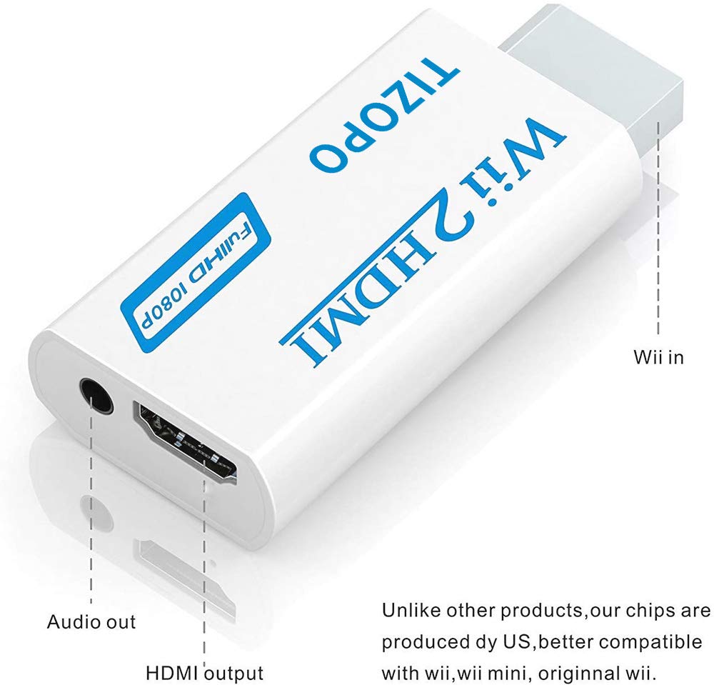 TIZOPO Wii to HDMI Converter, Wii HDMI Adapter 1080P Output Video Audio with 5ft High Speed HDMI Cable&3.5mm Audio Jack, Compatible with Full HD Devic, Supports All Wii Display Modes 720P, NTSC