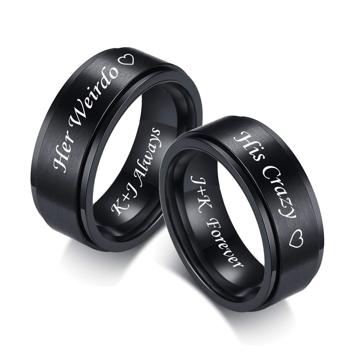 MZZJ Personalized Inside Her Weirdo & His Crazy Couple Ring Set 8MM Black Brushed Stainless Steel Step Edges Fidget Spinner Engagement Ring Wedding Bands