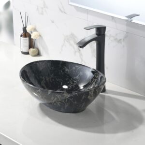 VOKIM Oval Marble Ceramic Vessel Sink and Faucet Combo -16" x 13" Modern Egg Shape Above Counter Bathroom Vanity Bowl