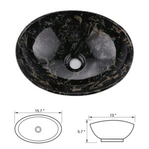 VOKIM Oval Marble Ceramic Vessel Sink and Faucet Combo -16" x 13" Modern Egg Shape Above Counter Bathroom Vanity Bowl